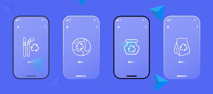 Vector concepto de gestión de residuos y reciclaje contenedores de reciclaje sostenibles respetuosos con el medio ambiente clasificación del entorno concepto de reciclaje glassmorphism pantalla de la aplicación de teléfono de interfaz de usuario icono de línea vectorial