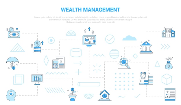 Concepto de gestión de riqueza con conjunto de iconos plantilla banner con ilustración vectorial de estilo de color azul moderno