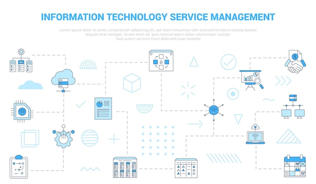 Concepto de gestión de servicios de tecnología de la información de itsm con banner de plantilla de conjunto de iconos con estilo de color azul moderno