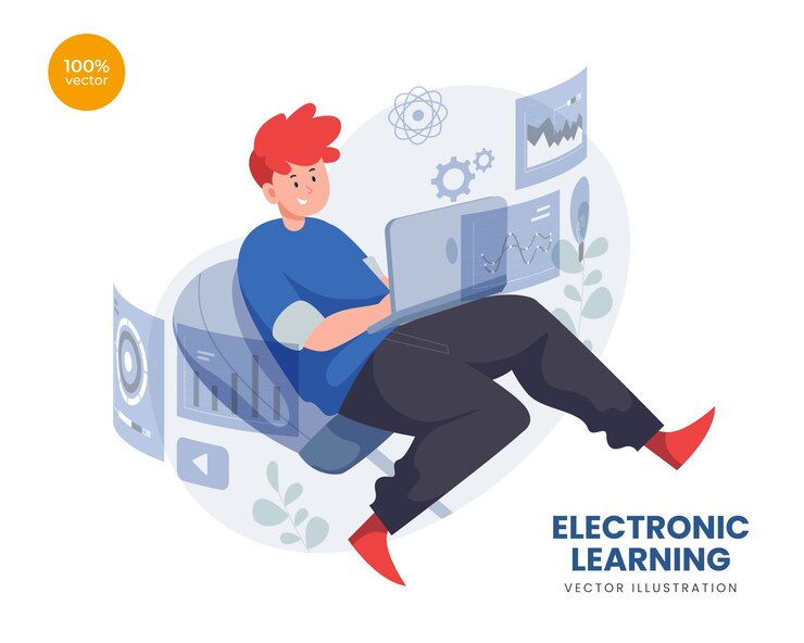 Vector concepto de gestión del tiempo con estudio de joven en línea sobre seminario web y pantalla digital