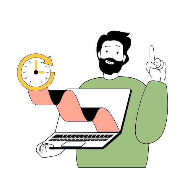 Concepto de gestión del tiempo con gente de dibujos animados en diseño plano para web El hombre trabaja en el flujo de trabajo en una computadora portátil con reloj de cuenta regresiva hasta la fecha límite Ilustración vectorial para material de marketing de banners en redes sociales