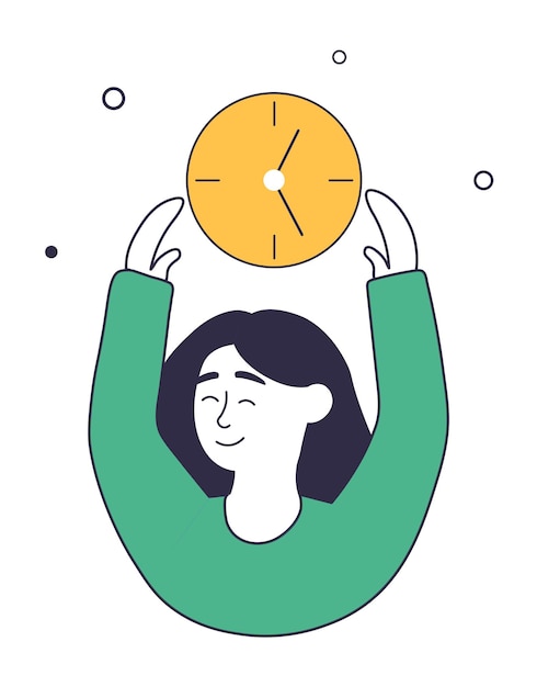 Concepto de gestión del tiempo mujer de dibujos animados linda sosteniendo el reloj en su mano personaje de planificación de trabajo.