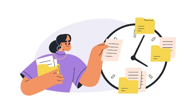 Concepto de gestión del tiempo Mujer de negocios programación de tareas Planificación del trabajo Organización de la carga de trabajo y equilibrio de prioridades Empleado multitarea Ilustración vectorial plana aislada sobre fondo blanco