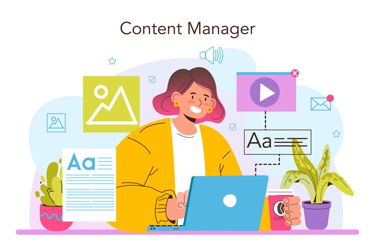 Vector concepto de gestor de contenido. idea de estrategia de promoción digital y producción de contenidos. desarrollo de planes de contenido y seguimiento de estadísticas de sitios web. ilustración vectorial plana