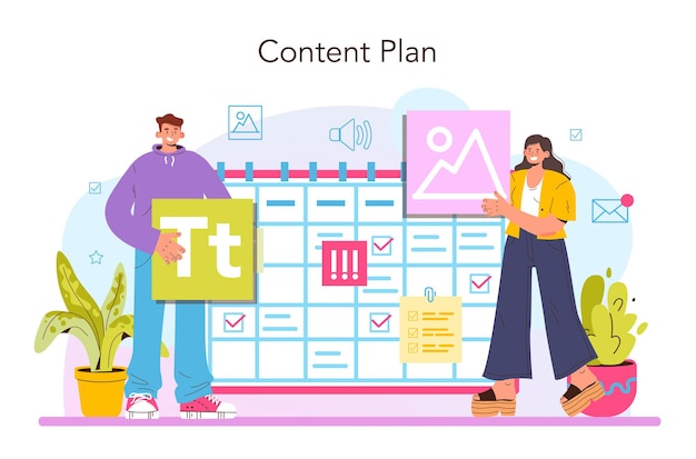 Concepto de gestor de contenido. Idea de estrategia de promoción digital y producción de contenidos. Desarrollo de planes de contenido y seguimiento de estadísticas de sitios web. Ilustración vectorial plana