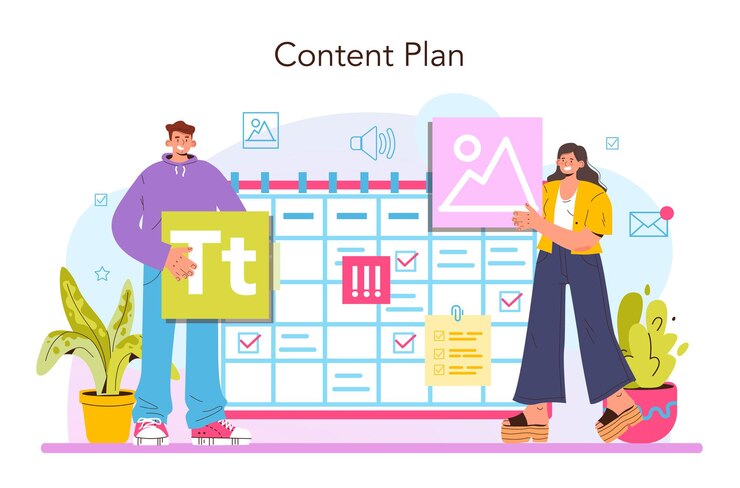 Vector concepto de gestor de contenido. idea de estrategia de promoción digital y producción de contenidos. desarrollo de planes de contenido y seguimiento de estadísticas de sitios web. ilustración vectorial plana