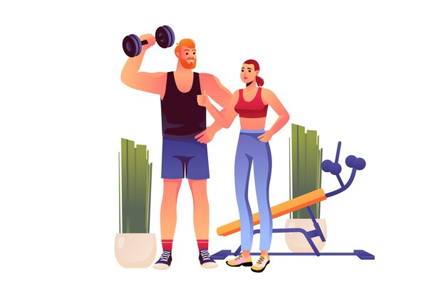 Vector concepto de gimnasio de fitness con escena de personas en la ilustración de vector de diseño plano