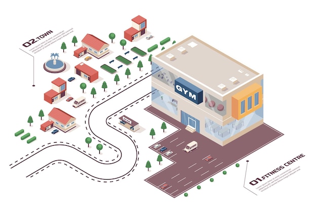 Concepto de gimnasio de fitness proceso de flujo de trabajo de infografía web isométrica 3d mapa de infraestructura con club deportivo para entrenamientos de entrenamiento edificios de la ciudad de estacionamiento ilustración vectorial en diseño gráfico de isometría