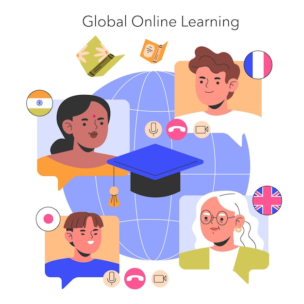 Concepto global de aprendizaje en línea estudiantes diversos conectados en todo el mundo participando en la educación digital