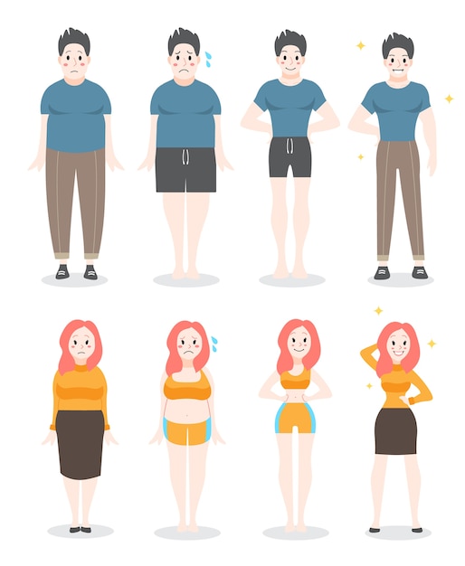 Vector del concepto gordo al en forma. mujer y hombre con obesidad adelgazan. progreso de adelgazamiento, ejercicio físico. ilustración