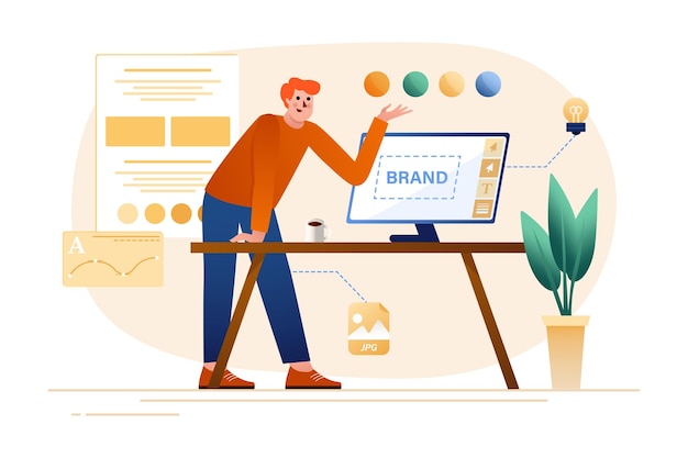 Concepto de gradiente Branding con escena de personas en el diseño de dibujos animados planos Diseñador creativo desarrolla