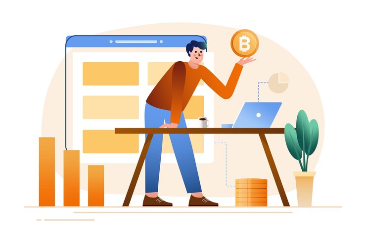 Vector concepto de gradiente minería de criptomonedas con escena de personas en el estilo de caricatura plana el hombre examina los datos