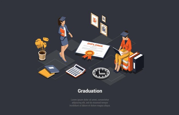 Concepto De Graduación Fin De Escuela Y Universidad Estudiantes Felices Niñas Regocijándose Del Fin De La Universidad O Año Académico Cerca De Enorme Diploma Y Calculadora Isométrica 3D Dibujos Animados Vector Ilustración