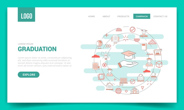 Concepto de graduación con icono de círculo para plantilla de sitio web o página de inicio