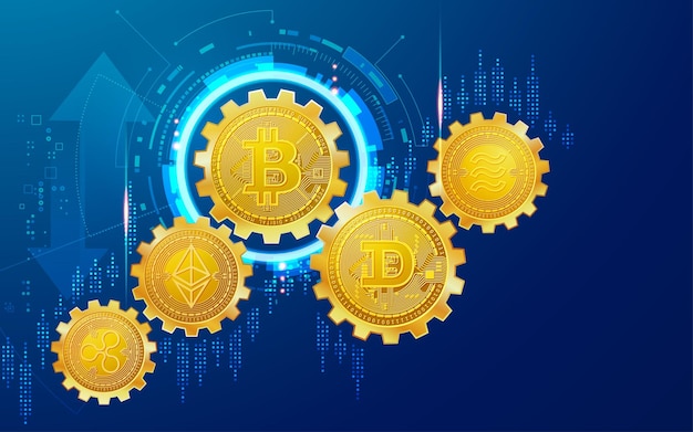 Concepto de gráfico de tecnología de criptomonedas de bitcoin y monedas criptográficas combinado con rueda dentada y elemento futurista
