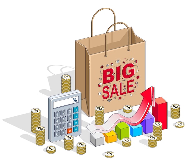 Concepto de gran venta, venta minorista, venta, bolsa de compras con montones de dinero en efectivo y calculadora aislada en fondo blanco. Vector 3d ilustración isométrica de negocios y finanzas, diseño de línea delgada.