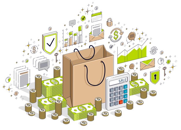 Concepto de gran venta, venta minorista, venta, bolsa de compras con pilas de dinero en efectivo aisladas en fondo blanco. Ilustración de negocios isométricos vectoriales 3d con iconos, gráficos de estadísticas y elementos de diseño.