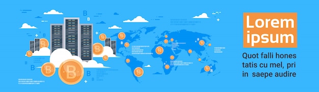 Concepto de granja minera bitcoin sobre fondo de mapa mundial banner horizontal