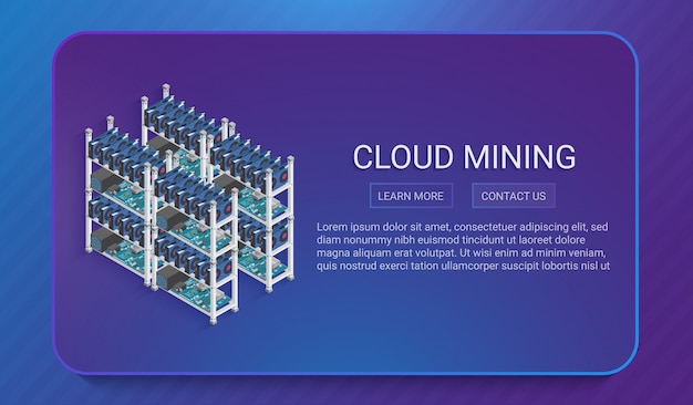 Concepto de granja de minería de moneda digital isométrica 3d o criptomoneda en estilo moderno degradado suave.