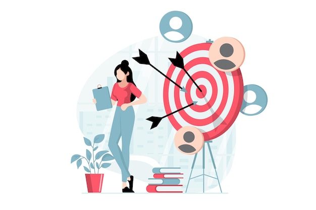 Concepto de grupo focal con escena de personas en diseño plano La mujer realiza investigaciones de marketing analiza compradores y crea objetivos para promover negocios Ilustración vectorial con situación de carácter para web
