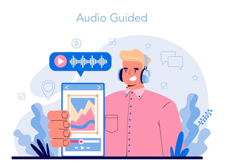 Vector concepto de guía de audio turistas escuchando la historia de la ciudad