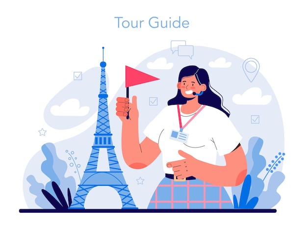 Concepto de guía de vacaciones turísticas. turistas escuchando la historia de la ciudad y sus atracciones. tour de entretenimiento en la excursión. idea de viajar al extranjero. ilustración vectorial plana