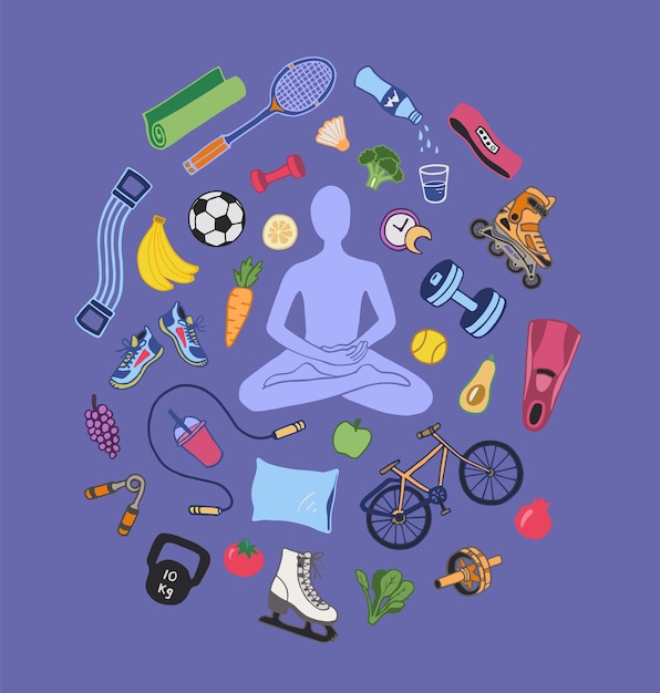Vector el concepto de hábitos saludables estilo de vida activo fitness meditación doodle vector ilustración