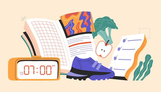 Concepto de hábitos de vida saludables, símbolo de la rutina diaria, alimentos frescos, dieta, fitness, libro de lectura