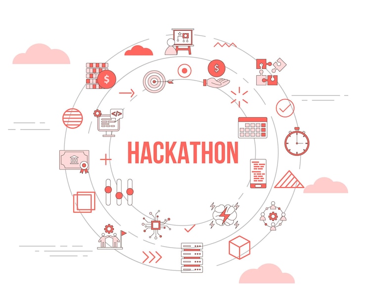 Vector concepto de hackathon con banner de plantilla de conjunto de iconos y ilustración de vector de forma redonda de círculo