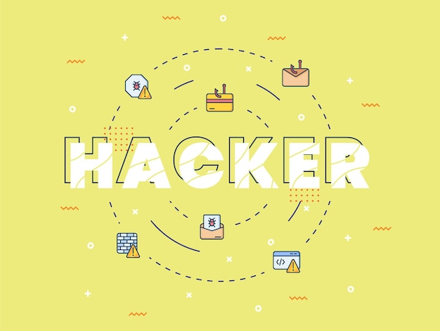 Concepto de hacker con palabra o texto en el centro con el icono que se extiende alrededor de la ilustración vectorial