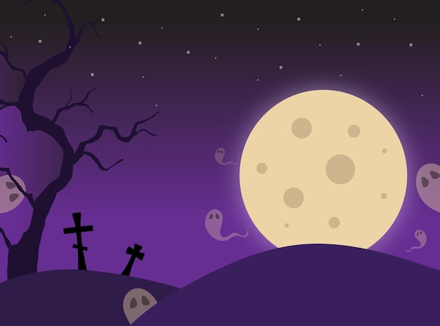 Concepto de Halloween. Ominoso paisaje nocturno. Una enorme luna llena, fantasmas, cruces de tumbas y árboles secos.