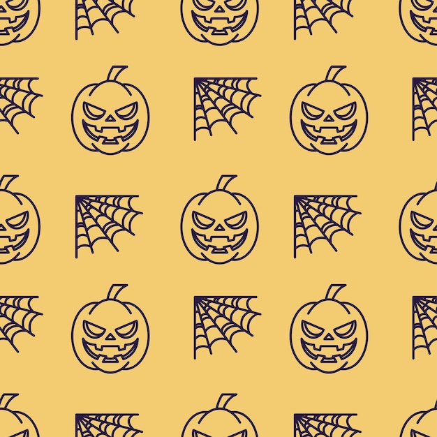 Concepto de Halloween Patrón transparente de vector vibrante de calabaza y telaraña sobre fondo amarillo