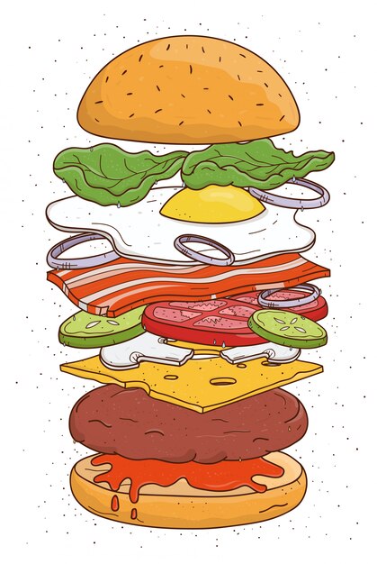 Vector concepto de hamburguesa ingredientes. bollo, ensalada, tomate, queso, chuleta, huevo, tocino, champiñones, cebolla, salsa de tomate. colorida ilustración dibujada a mano.