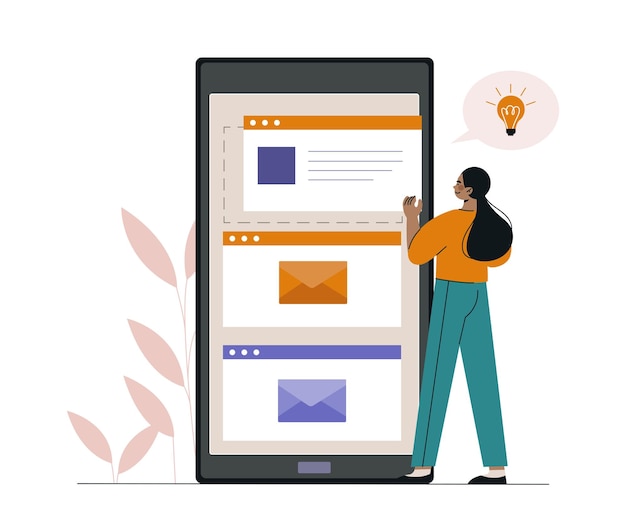 Concepto de herramienta de aprendizaje electrónico Mujer con teléfono inteligente con tareas Educación a distancia y formación en línea Estudiante con mensajes Ilustración vectorial plana de dibujos animados aislada sobre fondo blanco