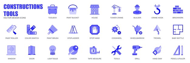 Concepto de herramientas de construcción de iconos web establecidos en un diseño plano simple Paquete de caja de herramientas pintura cubo casa torre grúa ladrillo muestra de color pincel y otros pictogramas Vector azul para aplicación móvil