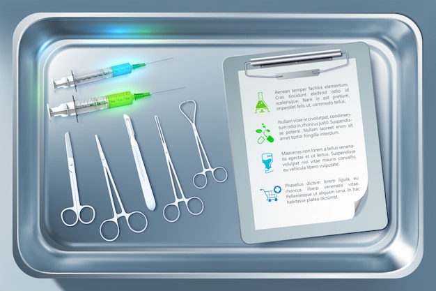 Vector concepto de herramientas médicas con jeringas fórceps bisturí tijeras portapapeles en esterilizador aislado ilustración