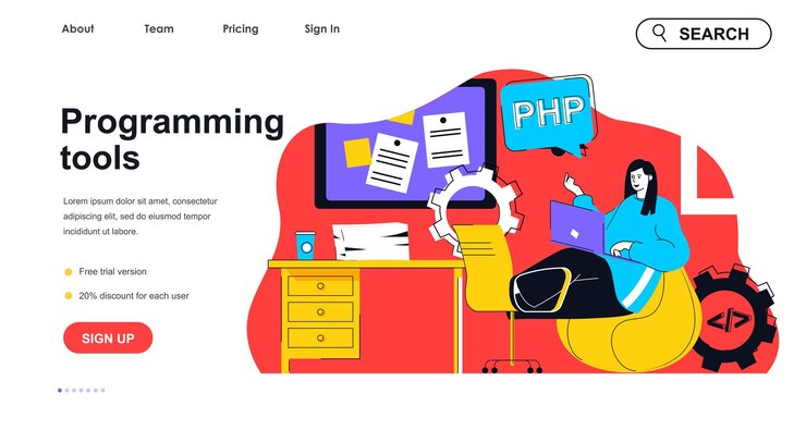 Vector concepto de herramientas de programación para plantilla de página de destino la mujer trabaja en la computadora portátil escribe código y configuración escena de personas de desarrollo de software ilustración vectorial con diseño de personajes planos para banner web