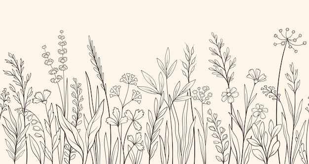 Vector concepto de hierba dibujado a mano creatividad y arte minimalista flora y vida silvestre naturaleza elemento gráfico para el sitio web ilustración vectorial plana lineal aislada en fondo beige