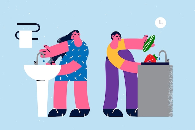 Concepto de higiene y productos de lavado. Personajes de dibujos animados de mujeres y hombres jóvenes de pie cerca de los lavabos con agua corriente y lavar frutas, verduras y manos, ilustración vectorial de limpieza