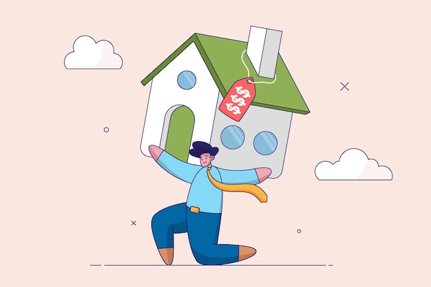 Concepto de hipoteca de casa Pagar en exceso en bienes raíces Invertir demasiado o gastar para pagar la deuda