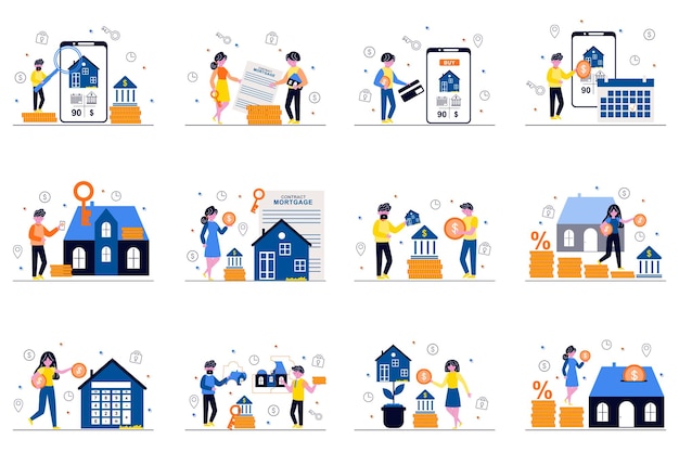 Concepto de hipoteca con escenas de personas diminutas ambientadas en un diseño plano Un grupo de hombres y mujeres reciben un préstamo bancario para comprar una casa o un apartamento que contratan pagos en línea todos los meses Ilustración vectorial para la web