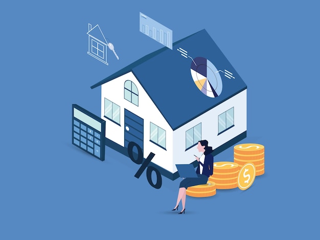 Concepto de hipoteca préstamo hipotecario o inversión con bienes raíces contrato de inversión de bienes raíces dinero familia comprar casa El hombre calcula la tasa de hipoteca de la casa ilustración vectorial