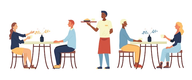 Concepto de la hora del almuerzo. Las personas están sentadas en un acogedor café urbano, beben café, cenan. El camarero trae la orden. Los personajes se comunican y se divierten. Ilustración de Vector plano de dibujos animados.