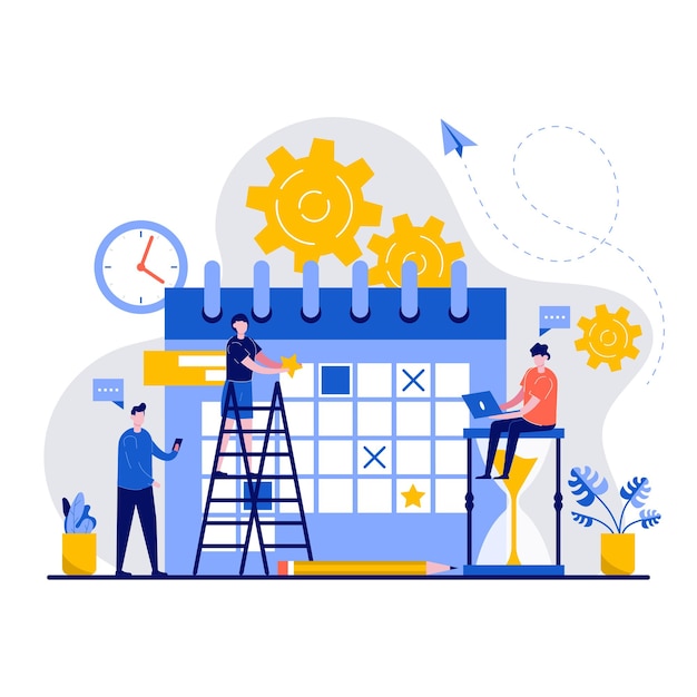 Concepto de horario con carácter de equipo de pequeña empresa que planifica el trabajo de la empresa