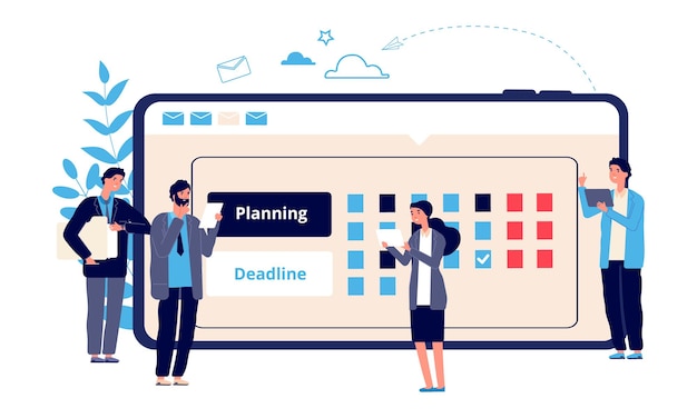 Vector concepto de horario. emprendimiento empresarial, planificación del trabajo online. los emprendedores planifican su trabajo. personajes de negocios vectoriales y calendario en línea. planificador de trabajo de ilustración, calendario de agenda