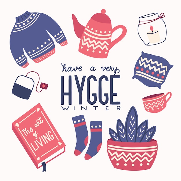 Concepto Hygge con letras coloridas e ilustración a mano