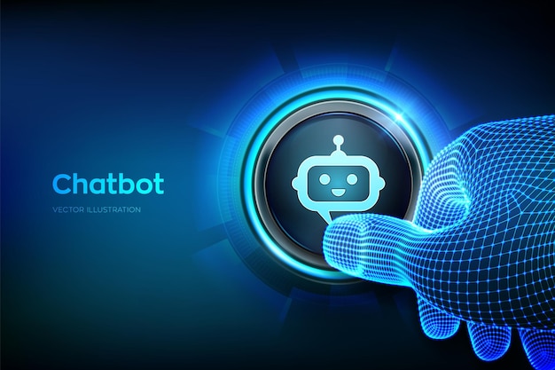 Concepto de IA de la aplicación del asistente de chatbot Dedo de cierre a punto de presionar un botón con el icono de la cabeza del robot chatbot Simplemente presione el botón Ilustración vectorial