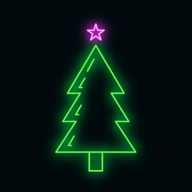 Concepto de icono de árbol de abeto de Navidad con estilo de resplandor de neón verde estrella, feliz año nuevo y feliz Navidad ilustración vectorial plana, aislado en negro. Tiempo de invierno de vacaciones de Navidad.