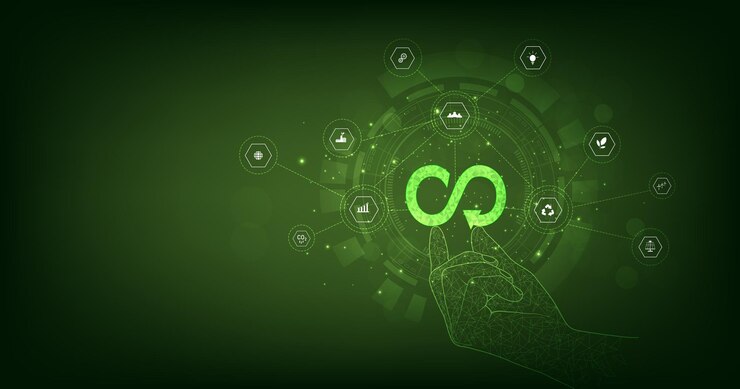 Vector concepto de icono de economía circular ideas para el crecimiento futuro de los negocios y diseño para reutilizar el consumo de energía y reducir las emisiones de co2 plantando árboles y energía verde para detener el cambio climático