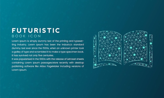Concepto de icono de libro futurista azul con puntos conectados de nodo de polígono y efecto de neón